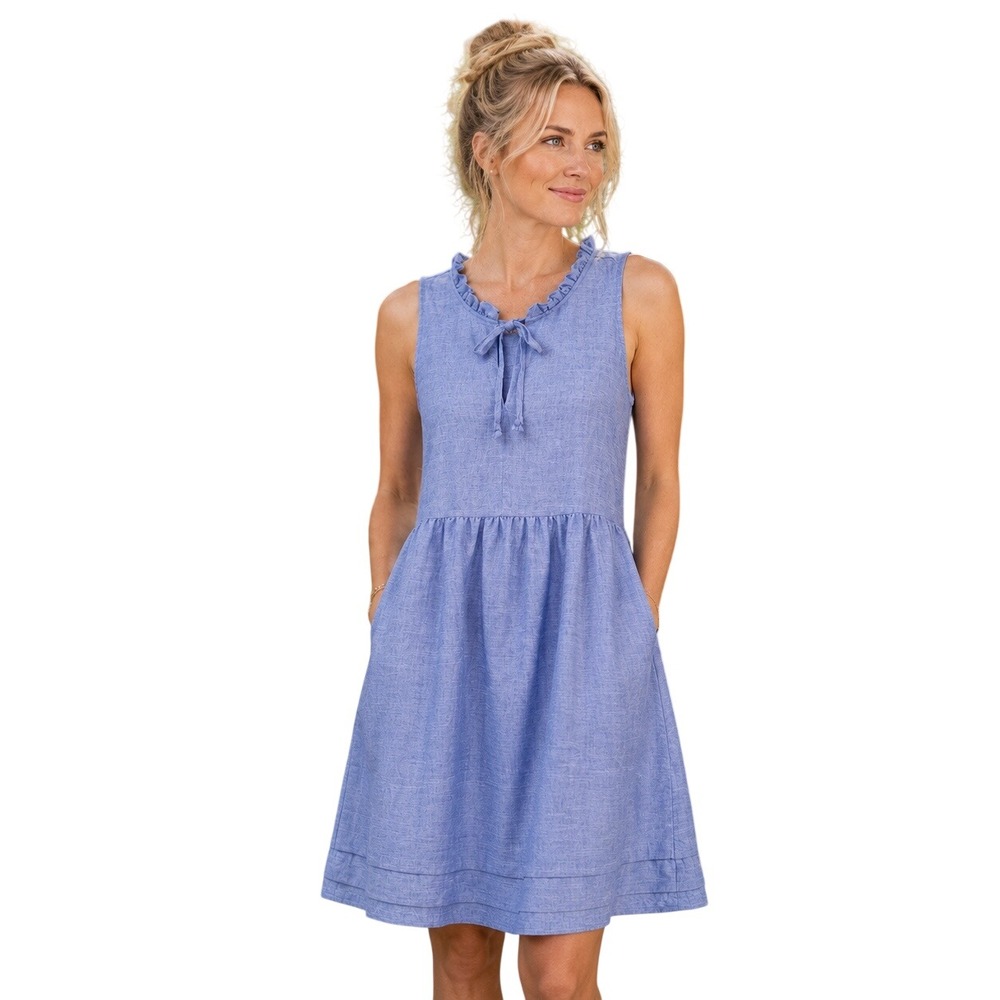 52seven Blue Sleeveless Ruffle Tie Neck Babydoll Sun Dress with Pockets Size M
